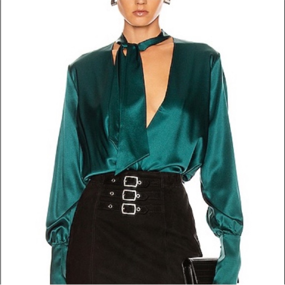JONATHAN SIMKHAI Wrap Front Silk Charmeuse Bodysuit
In Deep Emerald Size XS NWT
